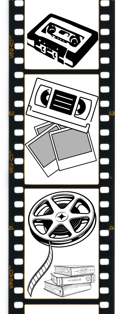 Memory Digitization Lab at Wright Library logo with filmstrip, cassette tape, VHS tape, Polaroid photos, filmstrip, and vintage photos.