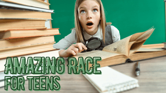 Teen exploring books at the library's Amazing Race after-hours
