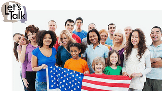 Diverse group of Americans with flag. "Let's Talk" Series welcomes Braver Angels Red-Blue workshop where conservatives and liberals have moderated discussion to reduce stereotyped thinking and find common ground.