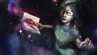 Drawing of a girl and a book, "Her Eyes Were on the Stars," Learn about Nancy Grace Roman, about the Mother of Hubble Space Telescope.