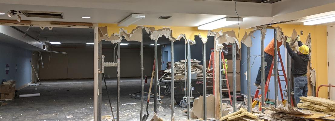 demolition of a wall in the library's lower level