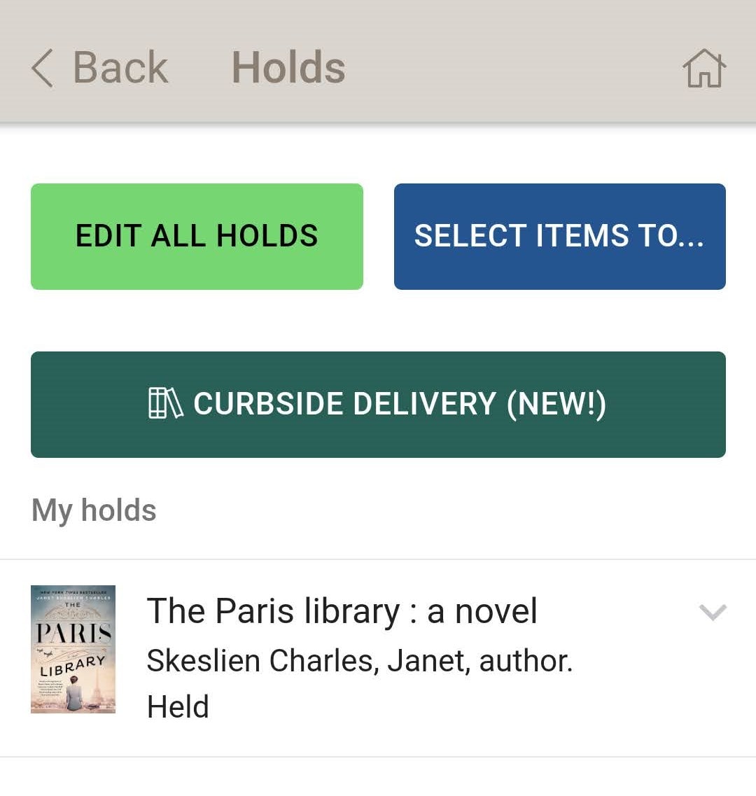Screenshot of Curbside Delivery button in the app