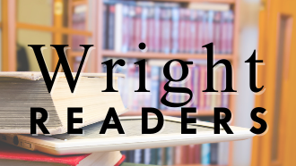 text: wright readers, books in background