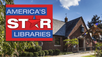 Photo of  the front of wright library and a  star library logo 