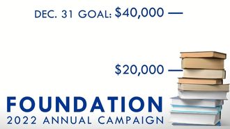 stack of books measuring above $20,000 but below the dec. 31 goal:$40,000 foundation 2022 annual campaign